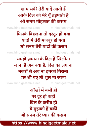 lyrics of song Shaam Savere Teri Yaade Aati Hai (O Sanam)