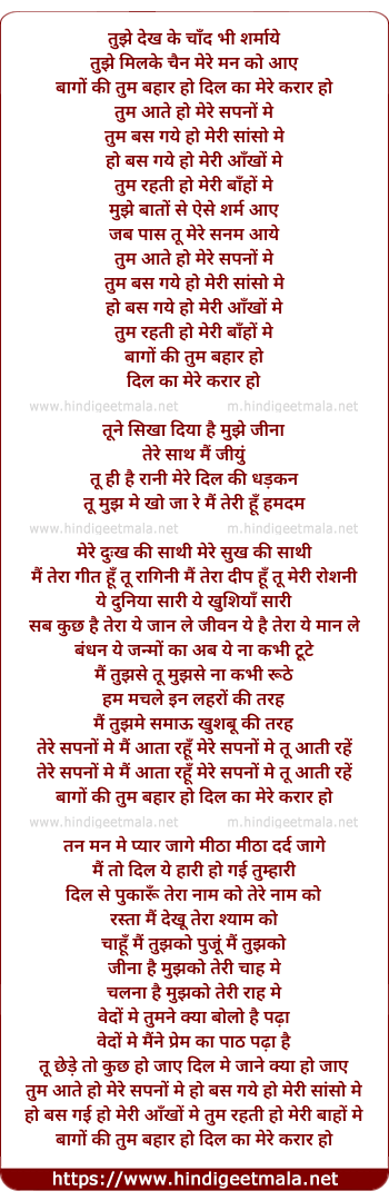 lyrics of song Tujhe Dekhke Chand Bhi Sharmaye