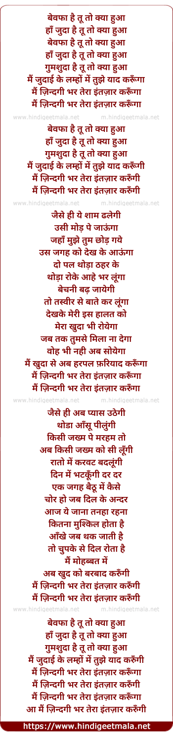 lyrics of song Mai Zindagi Bhar Tera Intezar Karunga