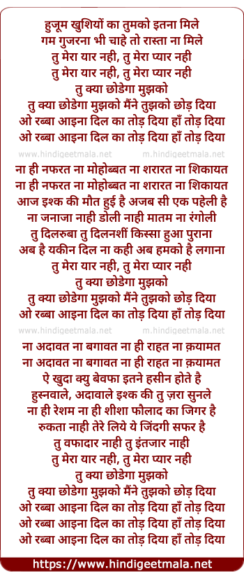 lyrics of song Tu Mera Yaar Nahi