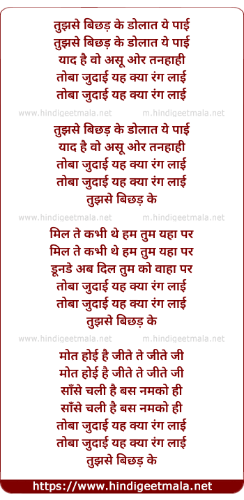 lyrics of song Tujhse Bichhad Ke