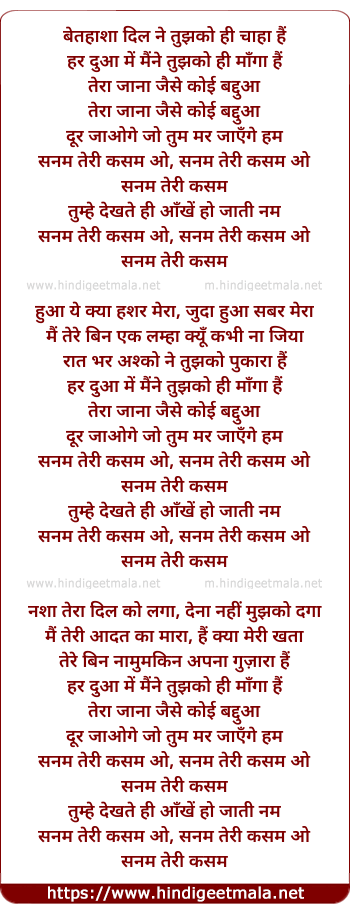 lyrics of song Sanam Teri Kasam (Reprise)