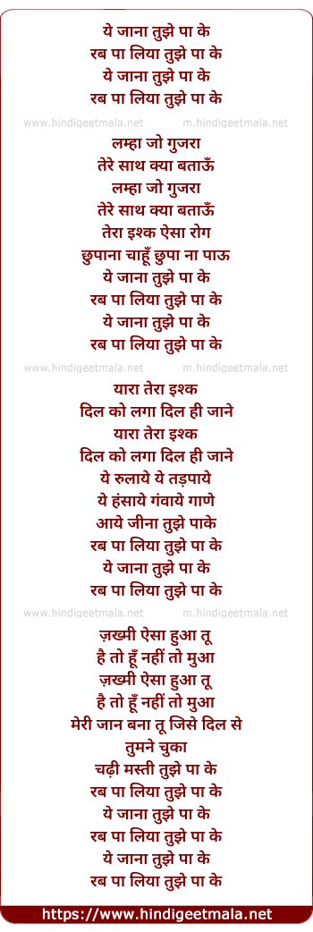 lyrics of song Tujhe Paa Ke