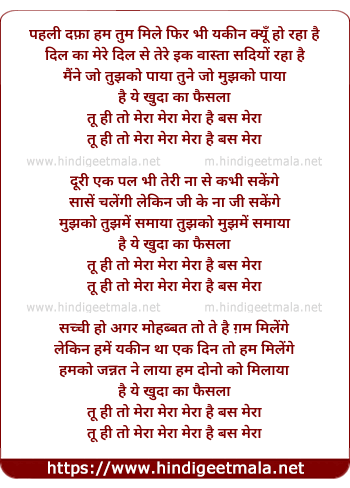 lyrics of song Tu Hi Toh Mera