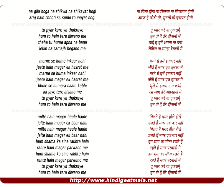 lyrics of song Tu Pyaar Kare Ya Thukraye, Hum To Hai Tere Diwano Me